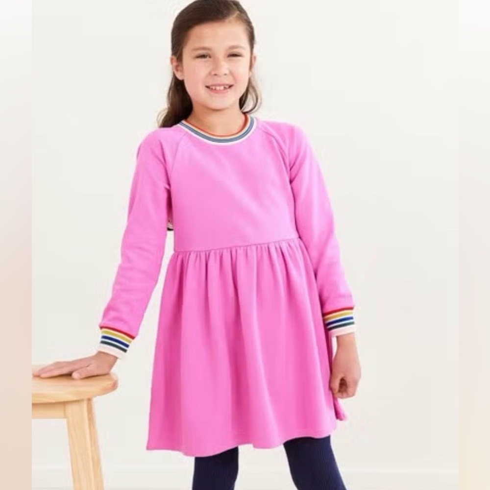 Hanna Andersson Girls’ 130/8 Pink Rainbow Collar and Cuff Sweatshirt Dress - Picture 2 of 6